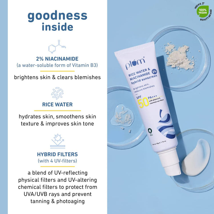 2% Niacinamide & Rice Water SPF 50 PA+++ Hybrid Sunscreen | Protects from UVA & UVB Rays | Fragrance-free | All Skin Types | 100% Vegan